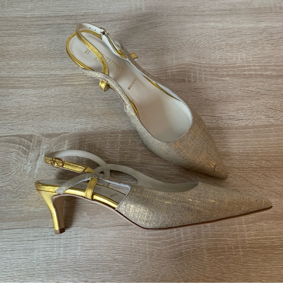 Something Bleu Bridal Shoes - Vintage Pointed Toe Slingback Pump Gold Heels Special Occasion Something Bleu